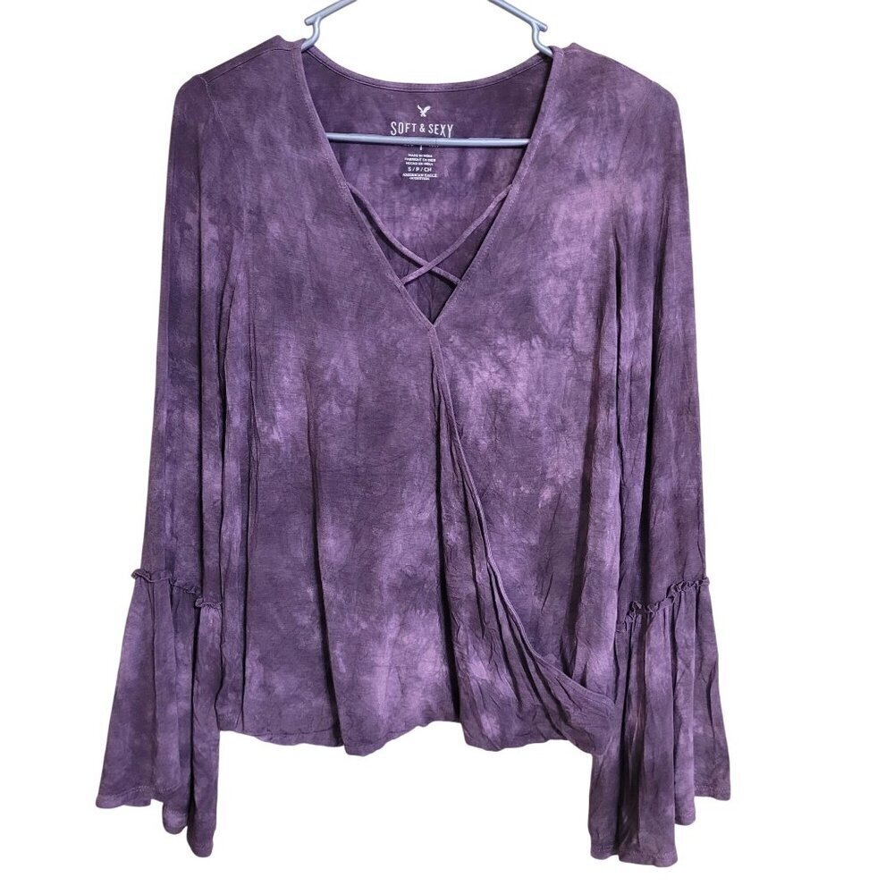 American Eagle Tie-Dye Bell Sleeve Wrap Top Purple Y2K Fairy Boho Whimsygoth